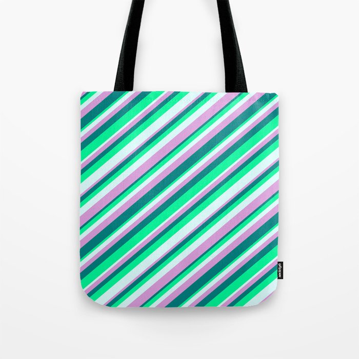 Plum, Teal, Green & Light Cyan Colored Striped Pattern Tote Bag