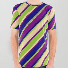 [ Thumbnail: Green, Tan, Purple & Blue Colored Lined Pattern All Over Graphic Tee ]