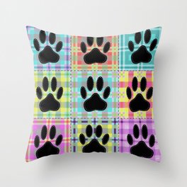 Colorful Quilt Dog Paw Print Drawing Throw Pillow