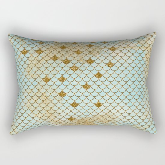 Mermaid Scales- Mermaidscales Gold and Aqua Fish Scales Rectangular Pillow