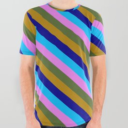 [ Thumbnail: Dark Olive Green, Dark Goldenrod, Dark Blue, Deep Sky Blue, and Violet Colored Striped Pattern All Over Graphic Tee ]