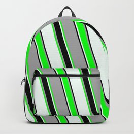 [ Thumbnail: Dark Gray, Lime, Mint Cream & Black Colored Stripes/Lines Pattern Backpack ]