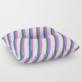 [ Thumbnail: Lavender, Green, Royal Blue & Hot Pink Colored Pattern of Stripes Floor Pillow ]