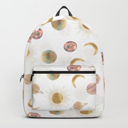 Gold Sun Moon Planets Space White illustration Backpack