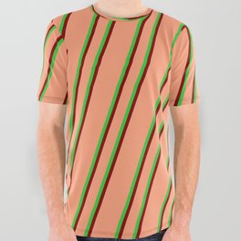 [ Thumbnail: Light Salmon, Lime Green, and Maroon Colored Lines/Stripes Pattern All Over Graphic Tee ]