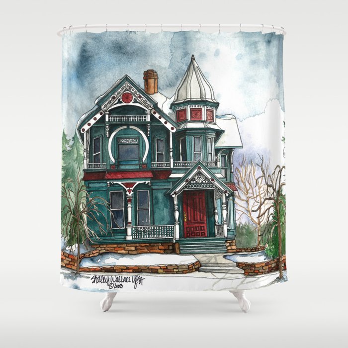 Blue House on a Grey Day Shower Curtain