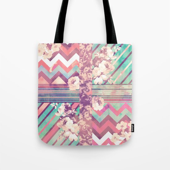 Retro Pink Turquoise Floral Stripe Chevron Pattern Tote Bag