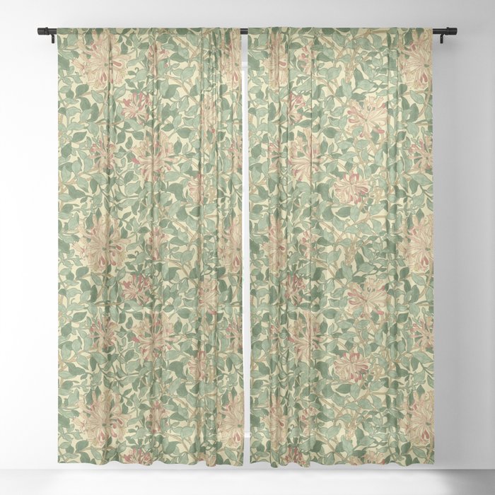 William Morris Vintage Honeysuckle Green & Pink  Sheer Curtain
