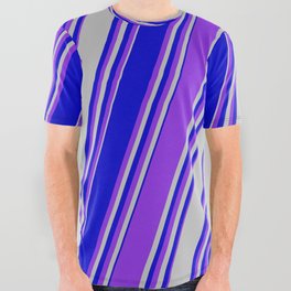 [ Thumbnail: Grey, Blue & Purple Colored Stripes Pattern All Over Graphic Tee ]