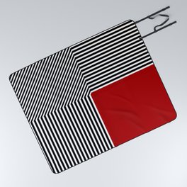 Geometric abstraction, black and white stripes, red square Picnic Blanket