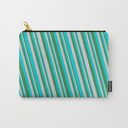 [ Thumbnail: Sea Green, Light Gray & Dark Turquoise Colored Stripes/Lines Pattern Carry-All Pouch ]