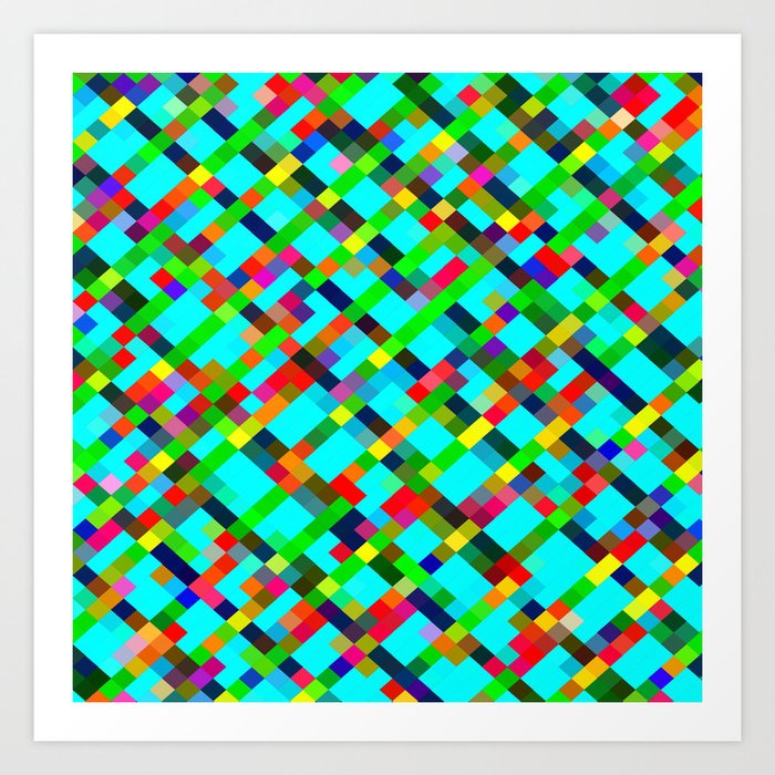 Geometric Pixel Square Pattern Abstract Background In Green Yellow Blue Orange Art Print By Timla