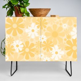 Retro 60s 70s Aesthetic Floral Pattern in Light Buttercream Yellow Credenza