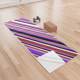 [ Thumbnail: Colorful Brown, Plum, Purple, Black, and White Colored Pattern of Stripes Yoga Towel ]