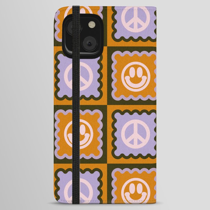 Funky Checkered Smileys and Peace Symbol Pattern (Dark Brown, Ginger Brown, Lilac, Muted Pink) iPhone Wallet Case