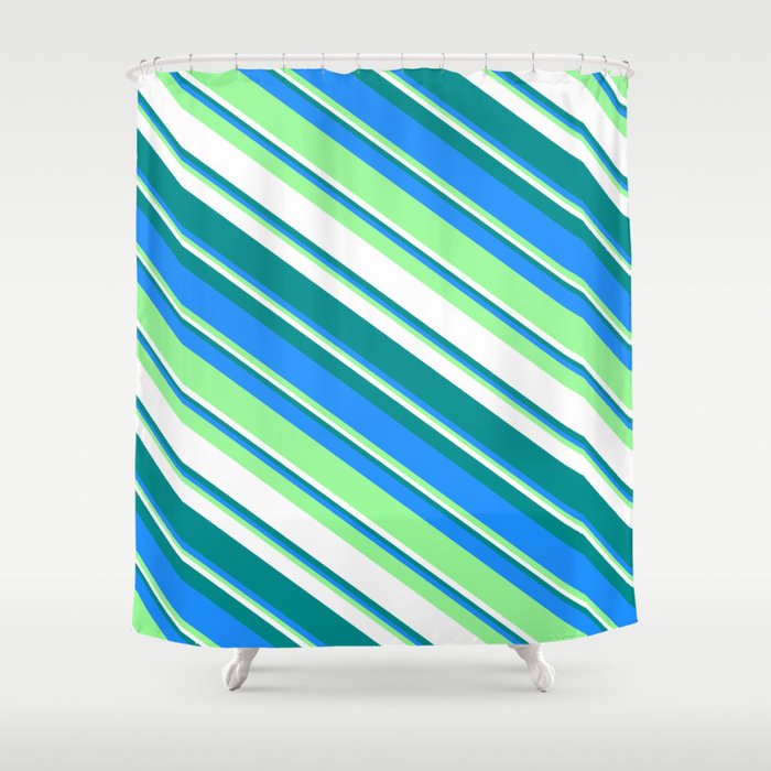 Dark Cyan, Blue, Green & White Colored Striped Pattern Shower Curtain