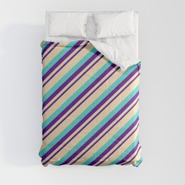 [ Thumbnail: Indigo, Tan, and Turquoise Colored Striped/Lined Pattern Comforter ]