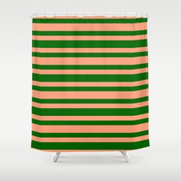 [ Thumbnail: Dark Green & Light Salmon Colored Striped/Lined Pattern Shower Curtain ]