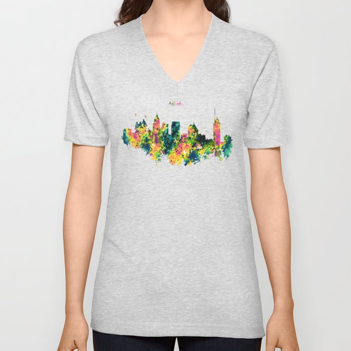 Atlanta Watercolor Skyline V Neck T Shirt