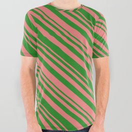[ Thumbnail: Forest Green & Light Coral Colored Pattern of Stripes All Over Graphic Tee ]