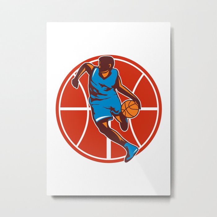 Basketball Player Dribble Ball Front Retro Metal Print