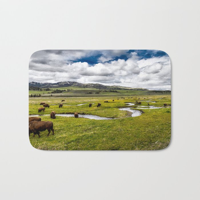 Yellowstone, Home on the range, American buffalo / bison grazing in spring fields of green river prairie landscape color photograph / photography Bath Mat