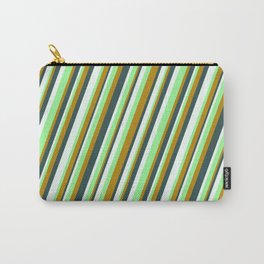 [ Thumbnail: Green, Dark Goldenrod, Dark Slate Gray & Mint Cream Colored Lines/Stripes Pattern Carry-All Pouch ]