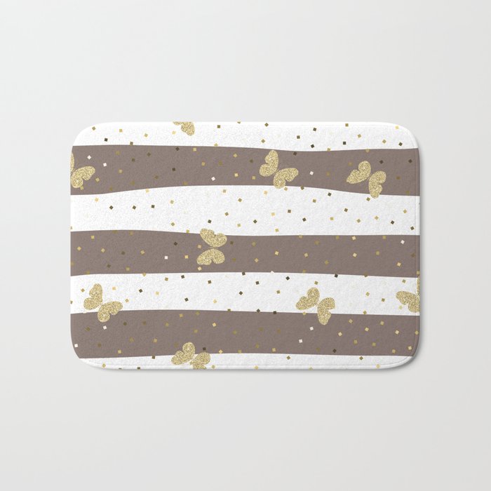 Butterfly Christmas pattern on Brown White Stripes Bath Mat