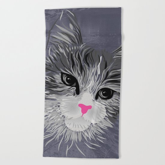 Gray Cat with Pink Nose Beach Towel