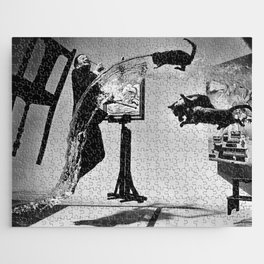 Dalí Atomicus, Salvador Dali painting with flying cats and water spurts surrealism / surrealist black and white photograph / photography by Philippe Halsman Jigsaw Puzzle