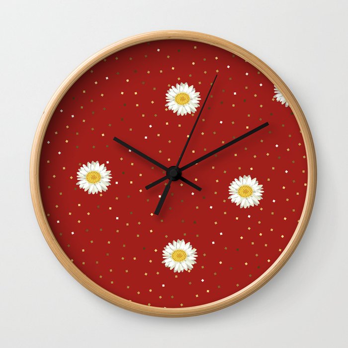 Daisy Flower seamless White and Yellow pattern and Gold Confetti on Red Background Wall Clock