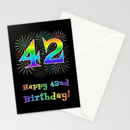 [ Thumbnail: 42nd Birthday - Fun Rainbow Spectrum Gradient Pattern Text, Bursting Fireworks Inspired Background Stationery Cards ]