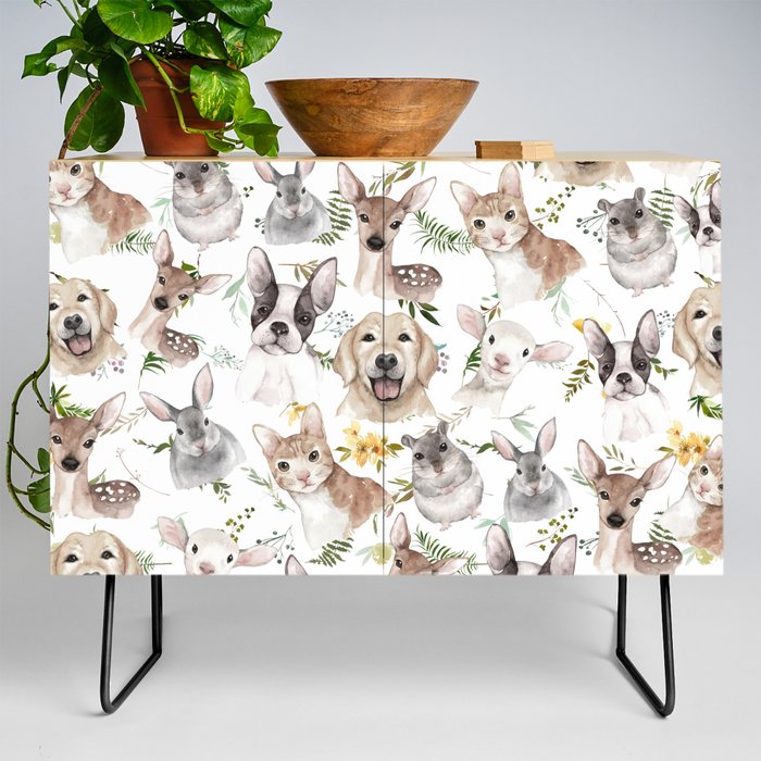 Watercolor black white brown forest animals green foliage floral  Credenza