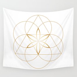 Sacred Geometric Flower of Life, Gold and White Wall Tapestry