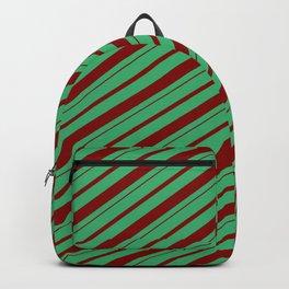 [ Thumbnail: Sea Green & Maroon Colored Lines Pattern Backpack ]