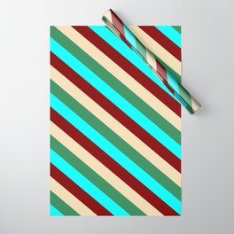 [ Thumbnail: Maroon, Tan, Sea Green, and Aqua Colored Striped Pattern Wrapping Paper ]