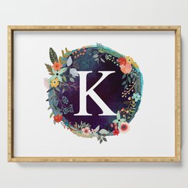 Personalized Monogram Initial Letter K Floral Wreath Artwork Serving Tray
