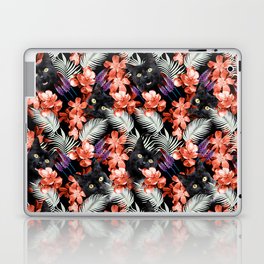 Black Cat Tropical Flowers And Palm Leaves Laptop Skin