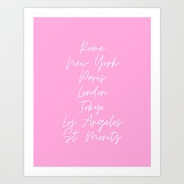 Travel Art, Minimal, Paris, Los Angeles, New York, Rome, Tokyo, Pink, Preppy Art Print