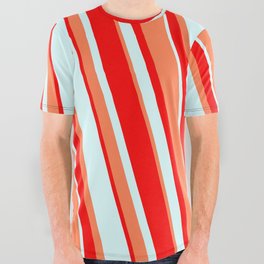 [ Thumbnail: Red, Light Cyan & Coral Colored Lines/Stripes Pattern All Over Graphic Tee ]