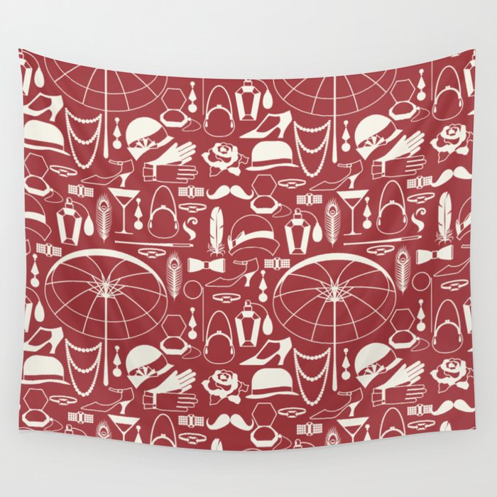 White Old-Fashioned 1920s Vintage Pattern on Victorian Red Wall Tapestry