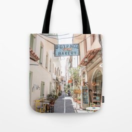 Street In Greece Photo | Pastel Village Houses Summer Art Print | Europe Digital Travel Photography Tote Bag