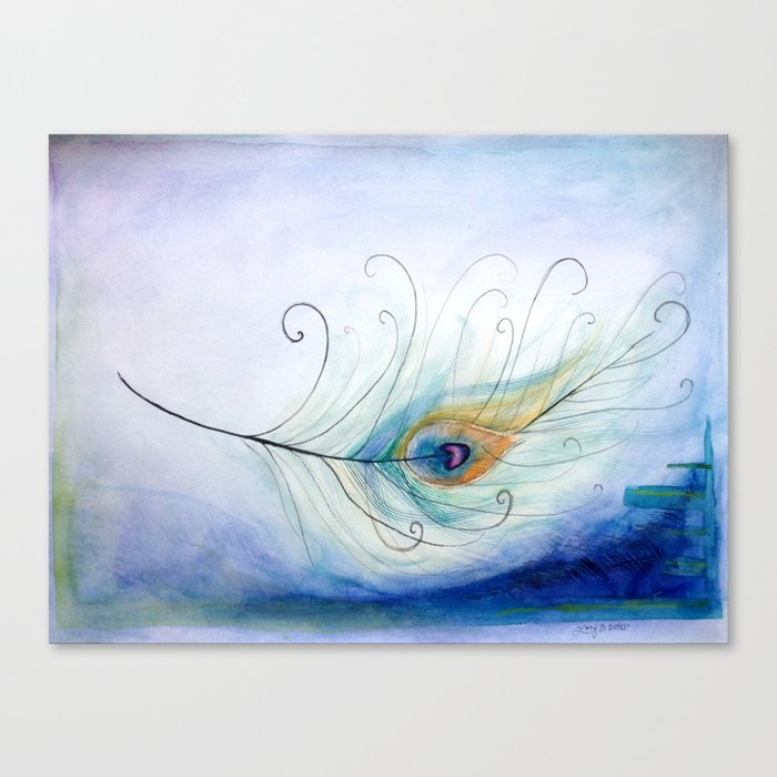 Doodle Peacock Feather Watercolor Ink Painting Canvas Print By
