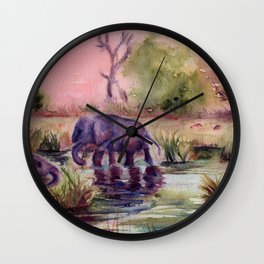 Elephant Landscape at Sunset Wall Clock