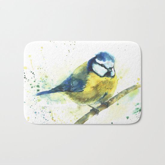 Watercolor titmouse bird Bath Mat