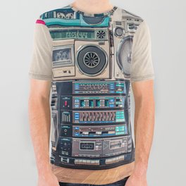 Retro old school design ghetto blaster stereo radio cassette tape recorders boombox tower from circa 1980s front concrete wall background. Vintage style filtered photo All Over Graphic Tee