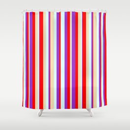 [ Thumbnail: Red, Dark Orchid, Light Cyan, and Tan Colored Stripes Pattern Shower Curtain ]