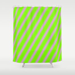[ Thumbnail: Chartreuse & Plum Colored Striped/Lined Pattern Shower Curtain ]