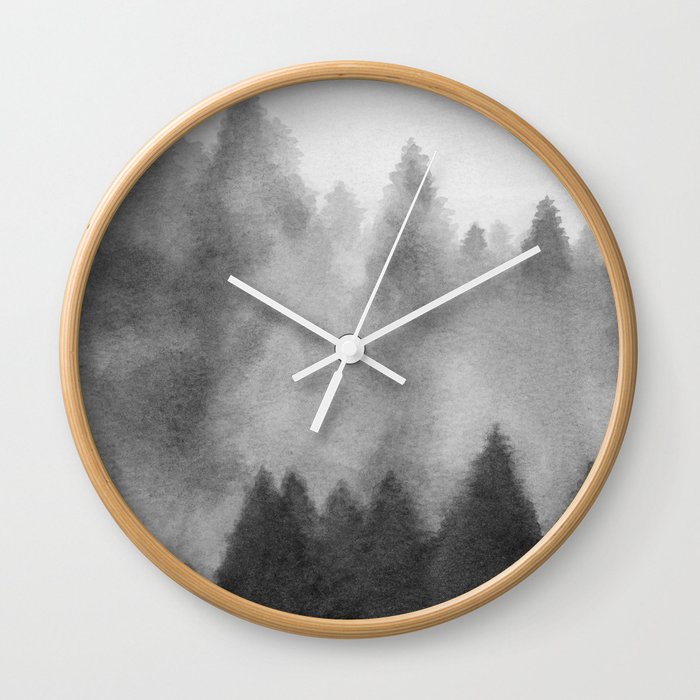 Foggy Forest I - Black White Gray Watercolor Trees Rustic Misty Mountain Winter Nature Painting Art Print Wall Decor Wall Clock