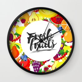 Fresh fruits. Background with juicy ripe fruit and berries , round composition, lettering. Wall Clock | Vegetable, Lettuce, Banana, Health, Peach, Pumpkin, Flat, Drawing, Fruit, Pineapples 
